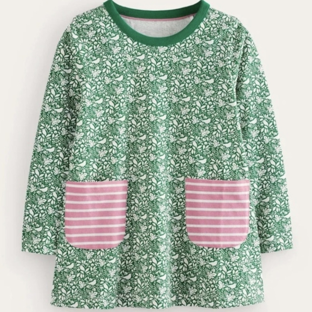 Mini Boden Green Dress Striped Pink Pockets